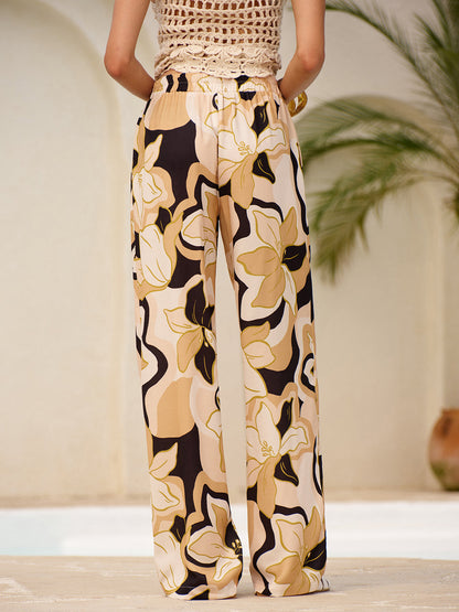 Orta Bel Çiçek Desenli Cepli Pantolon