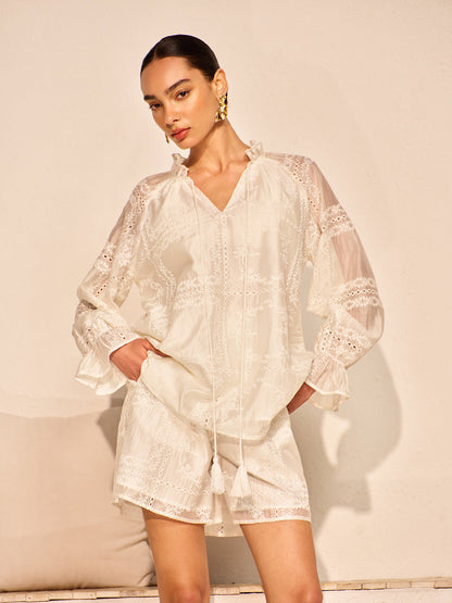 Nakış Detaylı Uzun Kollu Şort Takımı