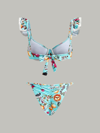 Çiçekli Desenli Bikini Takımı ve Üst Etek