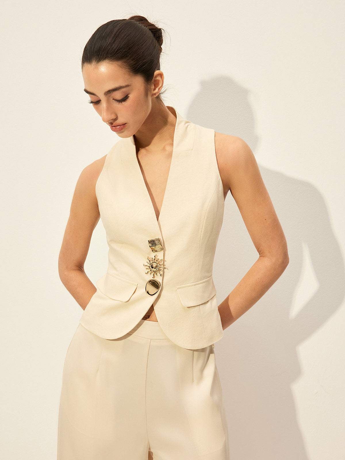 Pamuk ve Keten Dekor Cepli Yelek