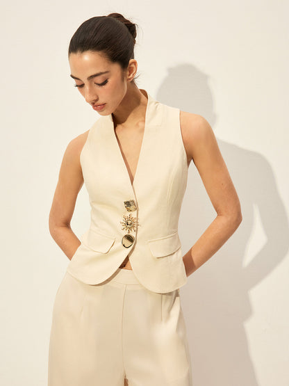 Pamuk ve Keten Dekor Cepli Yelek