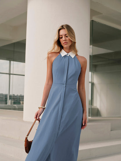 Düğmeli Kolsuz Yaka Elbise