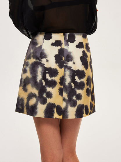 Leopar Desenli Yüksek Bel Fermuarlı Etek