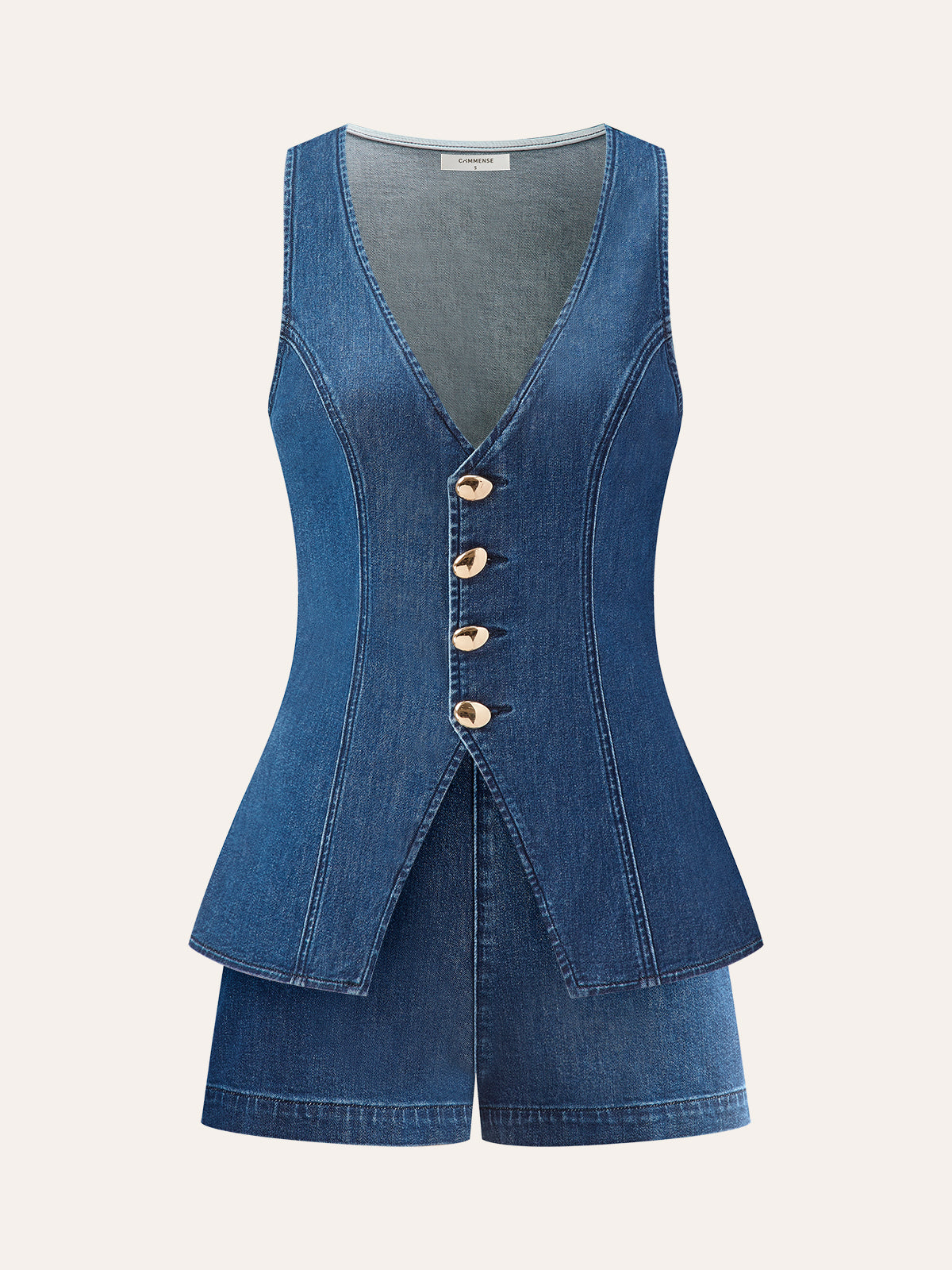 Metal Düğmeli Bağlamalı Kot V Yaka Şort Takımı