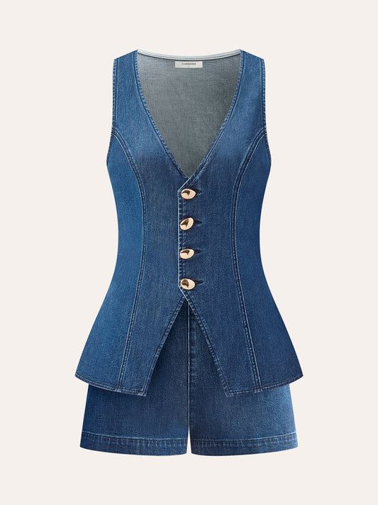 Metal Düğmeli Bağlamalı Kot V Yaka Şort Takımı