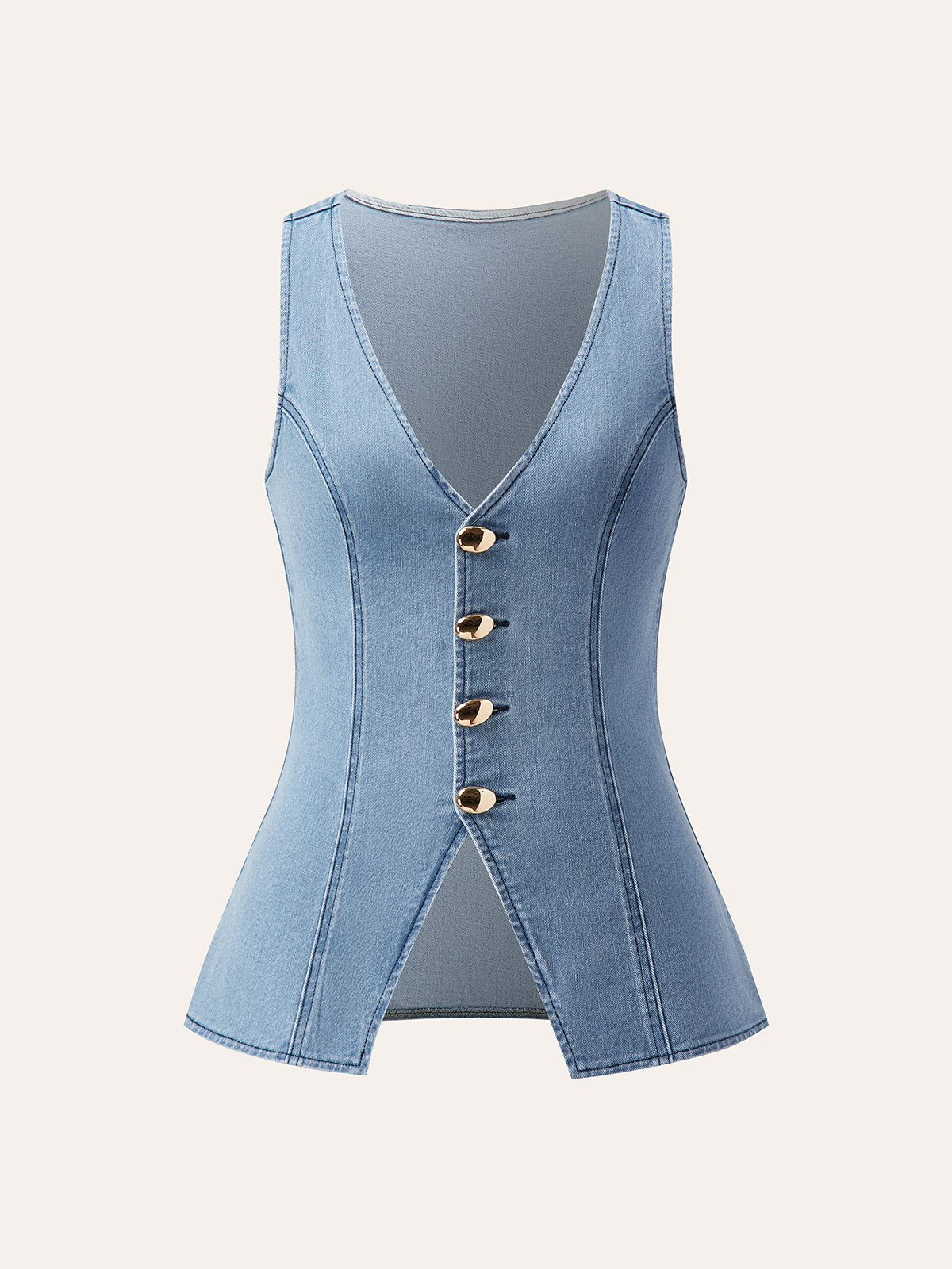 Metal Düğmeli Bağlamalı Kot V Yaka Şort Takımı