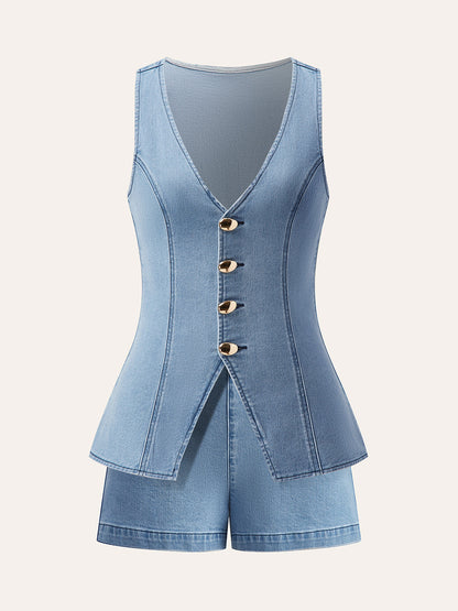 Metal Düğmeli Bağlamalı Kot V Yaka Şort Takımı