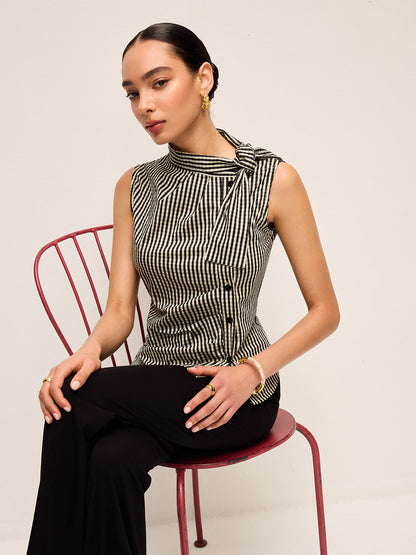 Asimetrik Yaka Gingham Düğmeli Üst