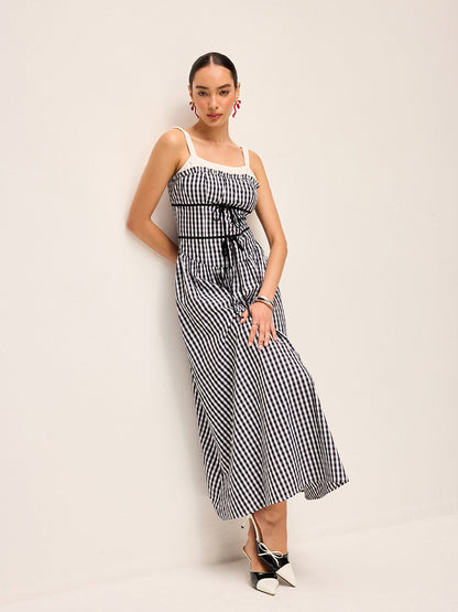 Gingham Korse Tarzı Midi Elbise