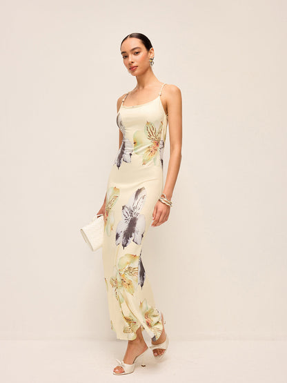 Sırtı Açık Bağcıklı Çiçekli Elbise