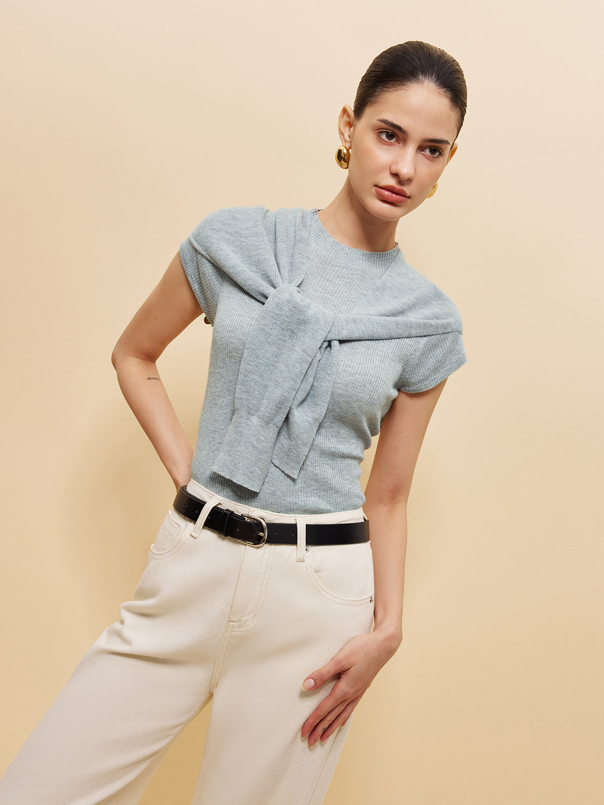 Yün Karışımlı, Şal Detaylı, Kaburga Örgü Üst