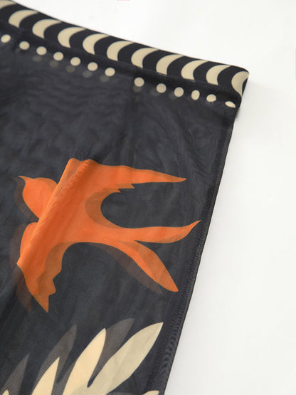 Kuş Desenli File Örtülü Uzun Etek