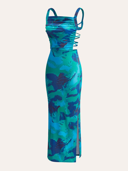 Çapraz Bağlamalı Baskılı Elbise