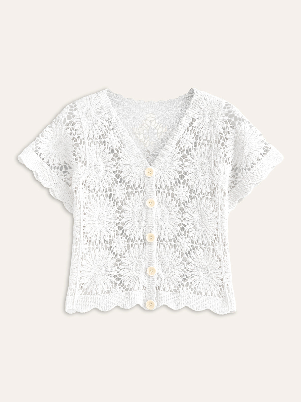 Tığ İşi Çiçekli Düğmeli Hırka