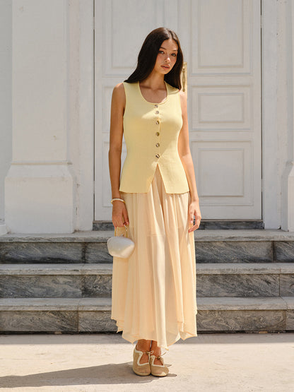 Kolsuz Kare Yaka Düğmeli Yırtık Etekli Üst