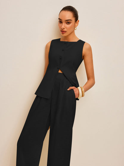 Pamuk ve Keten Cepli Bağcıklı Yelek Pantolon Takımı