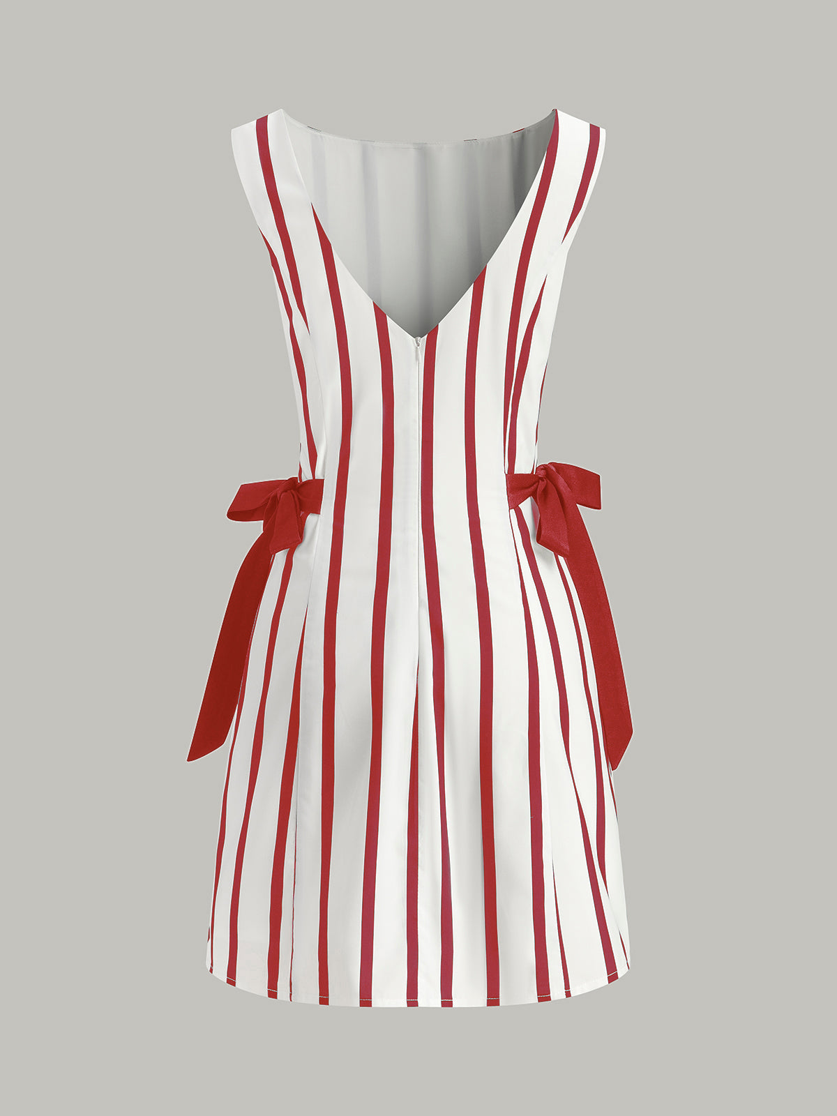 Çizgili Sırtı Açık Çift Taraflı Fiyonklu Fermuarlı Elbise