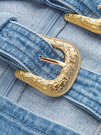 Halter Yaka Toka Detaylı Kot Elbise