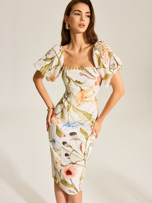 Çiçekli Puf Kollu Sırtı Açık Elbise