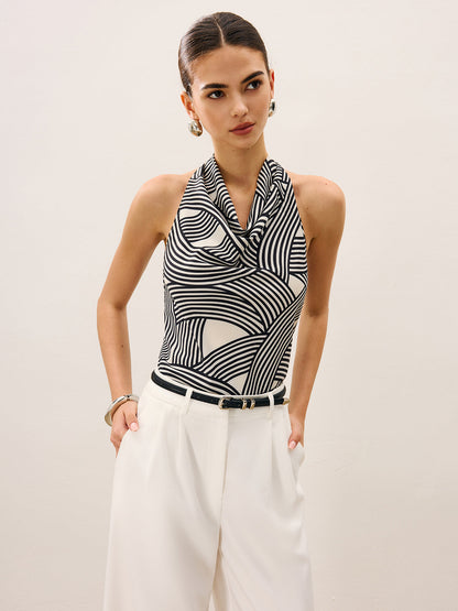 Soyut Çizgili Baskılı Kapüşonlu Yaka Askılı Üst