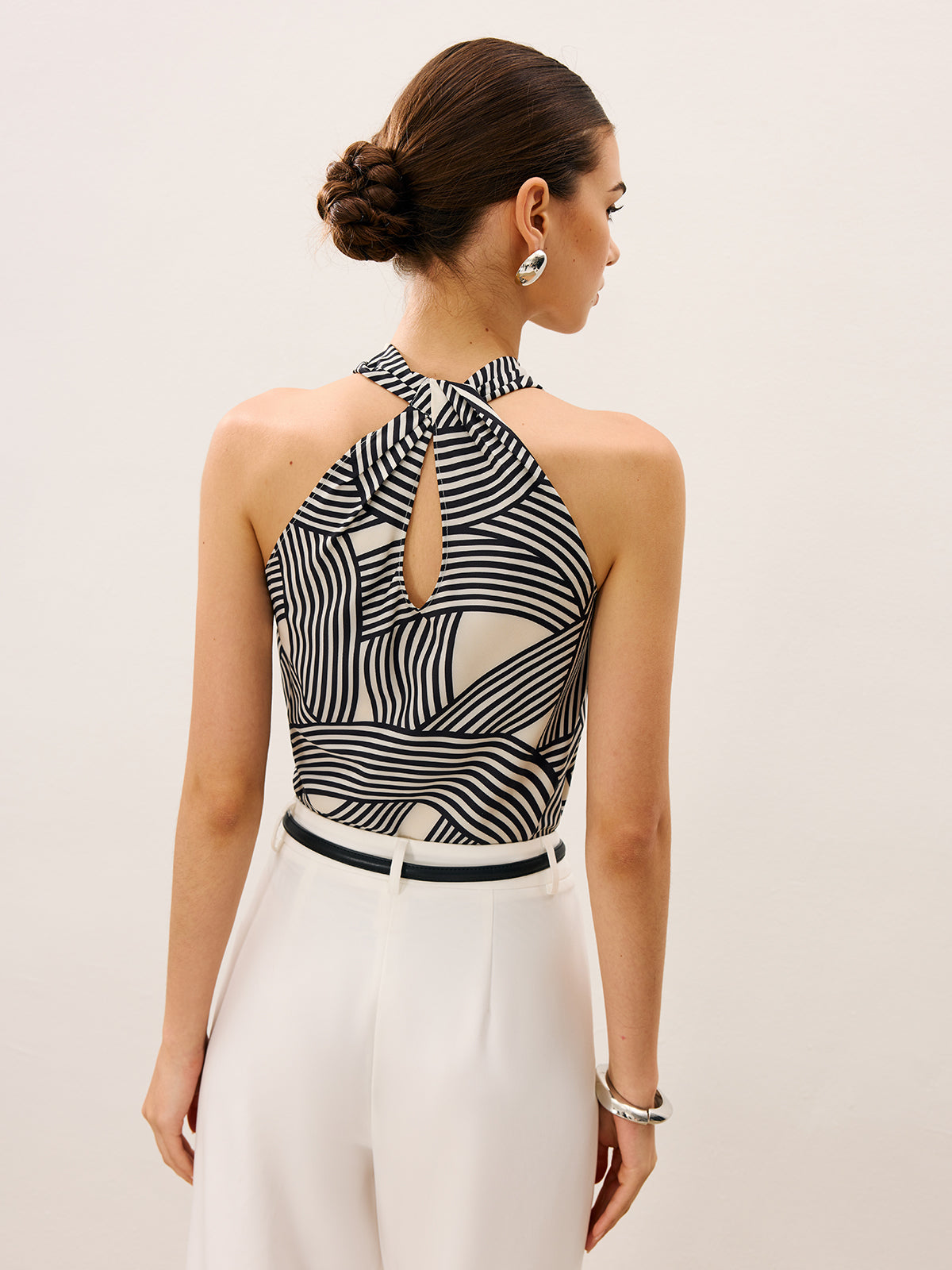 Soyut Çizgili Baskılı Kapüşonlu Yaka Askılı Üst