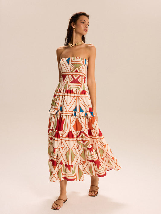 Renk Bloklu Straplez Katmanlı Uzun Elbise