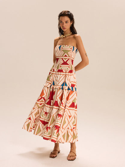 Renk Bloklu Straplez Katmanlı Uzun Elbise