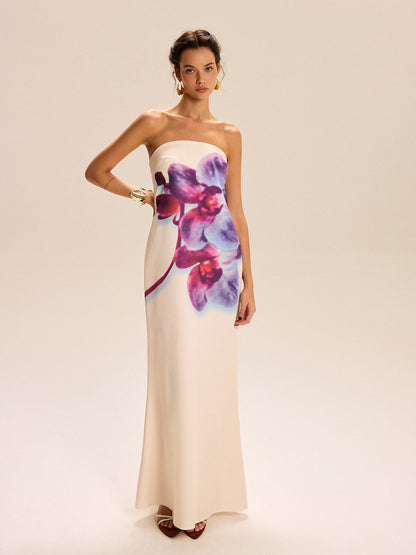Straplez Çiçek Desenli Uzun Elbise