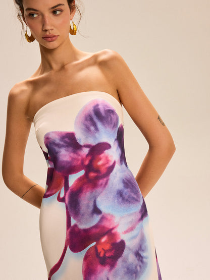 Straplez Çiçek Desenli Uzun Elbise