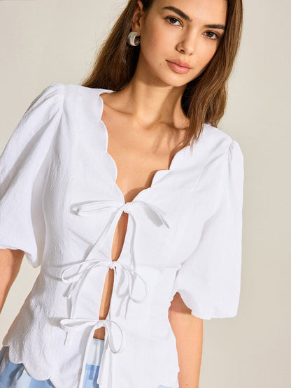 Pamuk ve Keten Taraklı Kesim Puf Kollu Üst