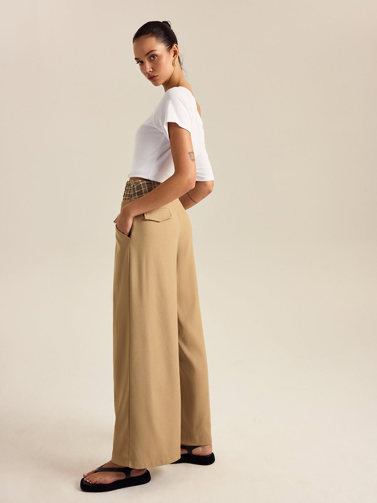 Cepli Gingham Geniş Paça Pantolon