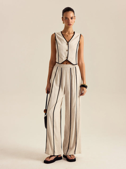 Lastikli Bel Keten ve Pamuklu Çizgili Pantolon Takımı