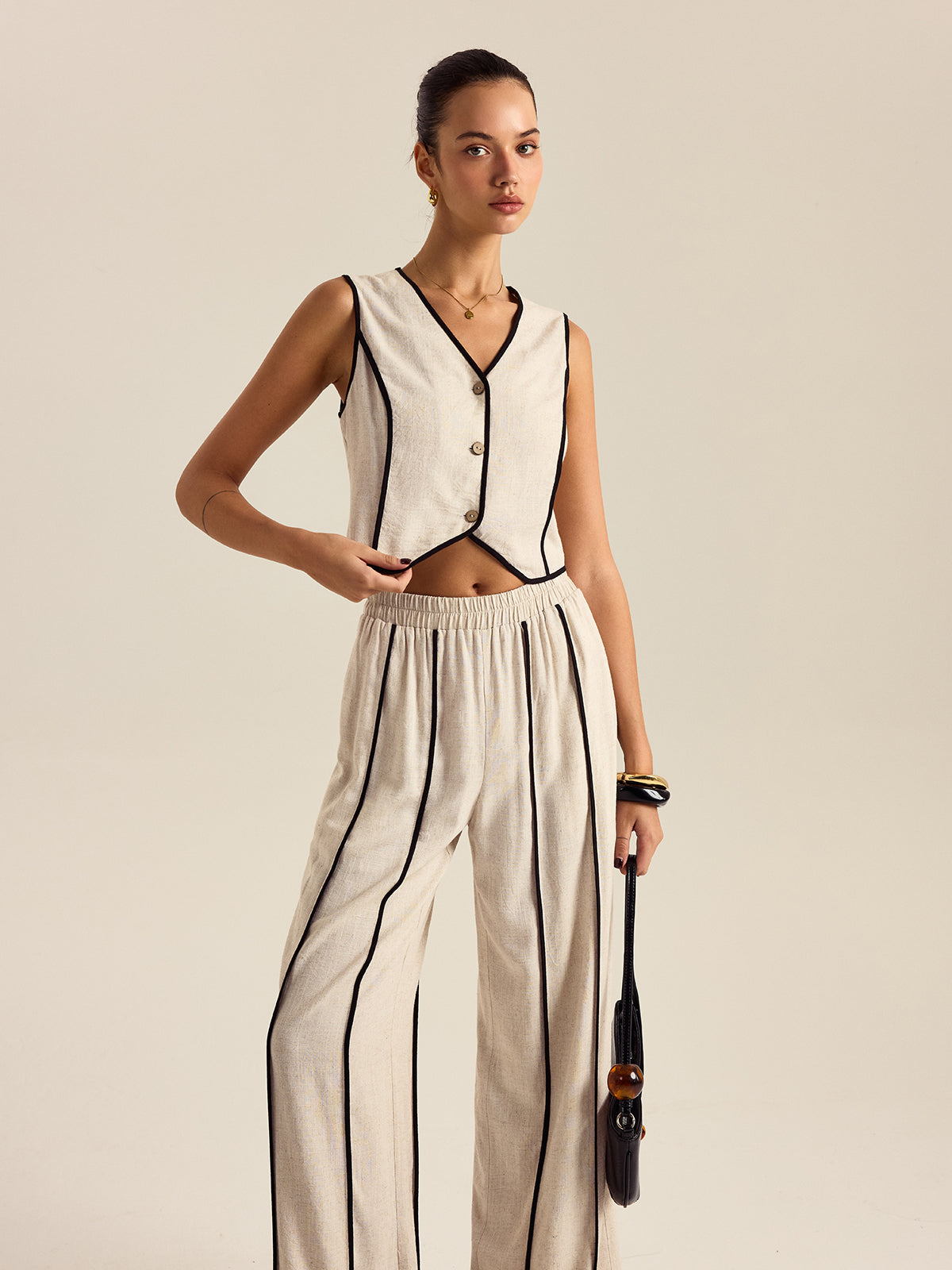 Lastikli Bel Keten ve Pamuklu Çizgili Pantolon Takımı