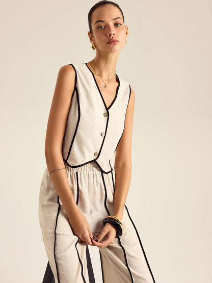 Lastikli Bel Keten ve Pamuklu Çizgili Pantolon Takımı