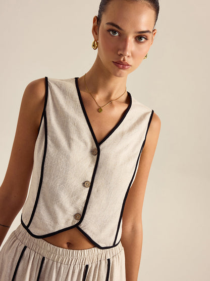 Lastikli Bel Keten ve Pamuklu Çizgili Pantolon Takımı