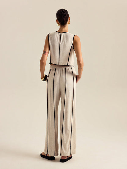 Lastikli Bel Keten ve Pamuklu Çizgili Pantolon Takımı