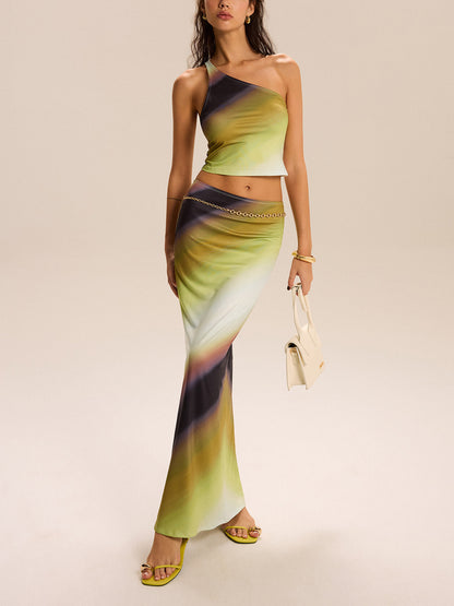 Degrade Baskılı Tek Omuz Etek Takımı