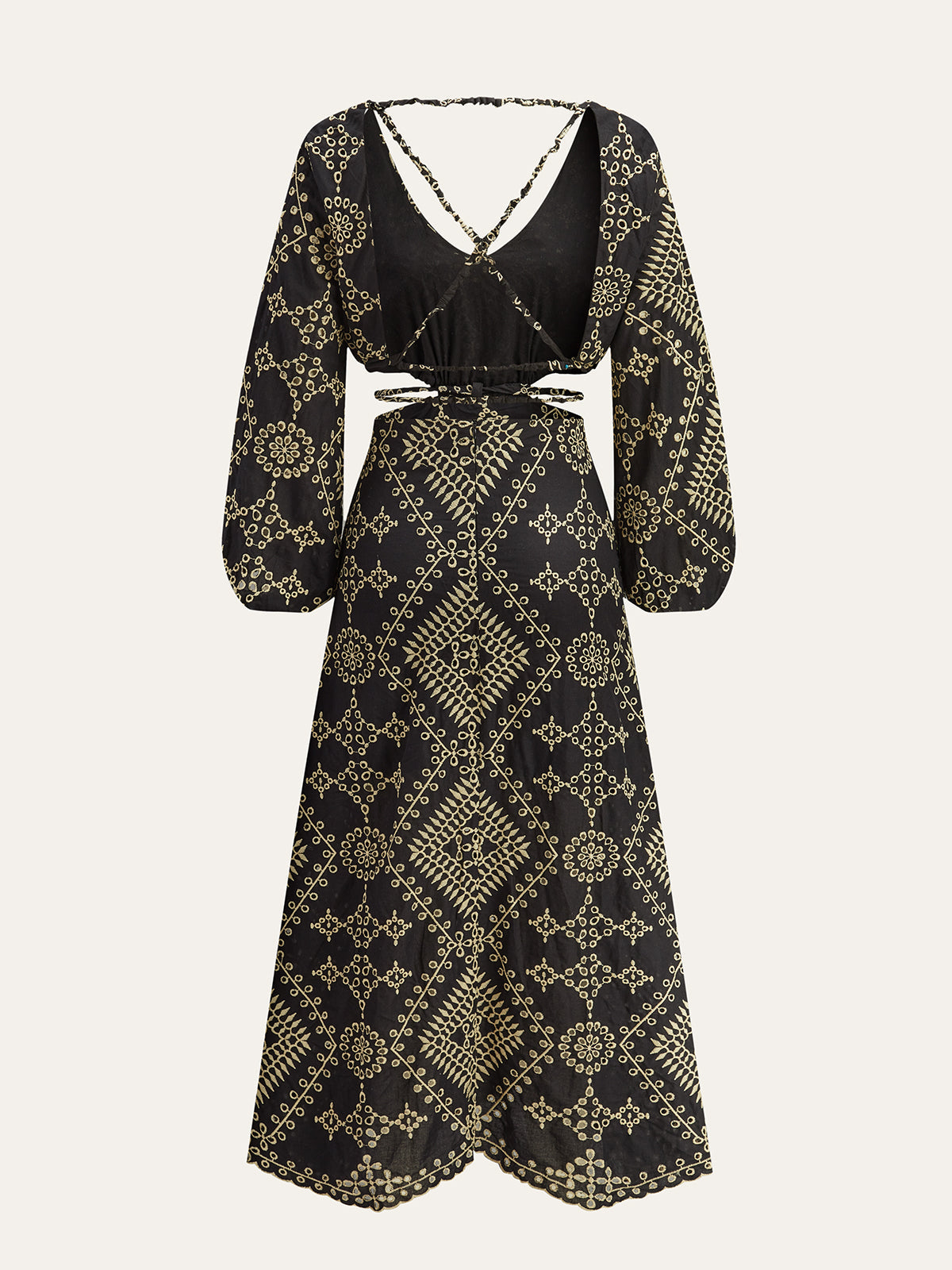 İşlemeli Kesikli Uzun Elbise