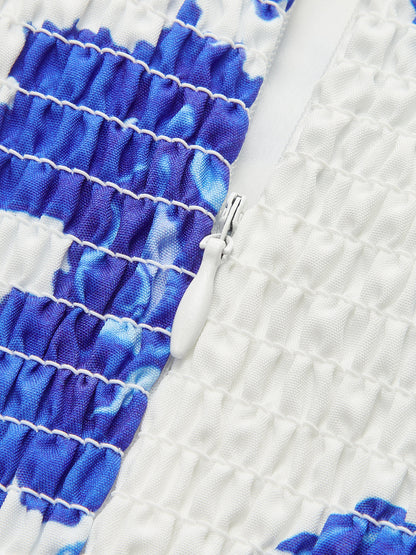 Straplez Çiçek Desenli Uzun Elbise