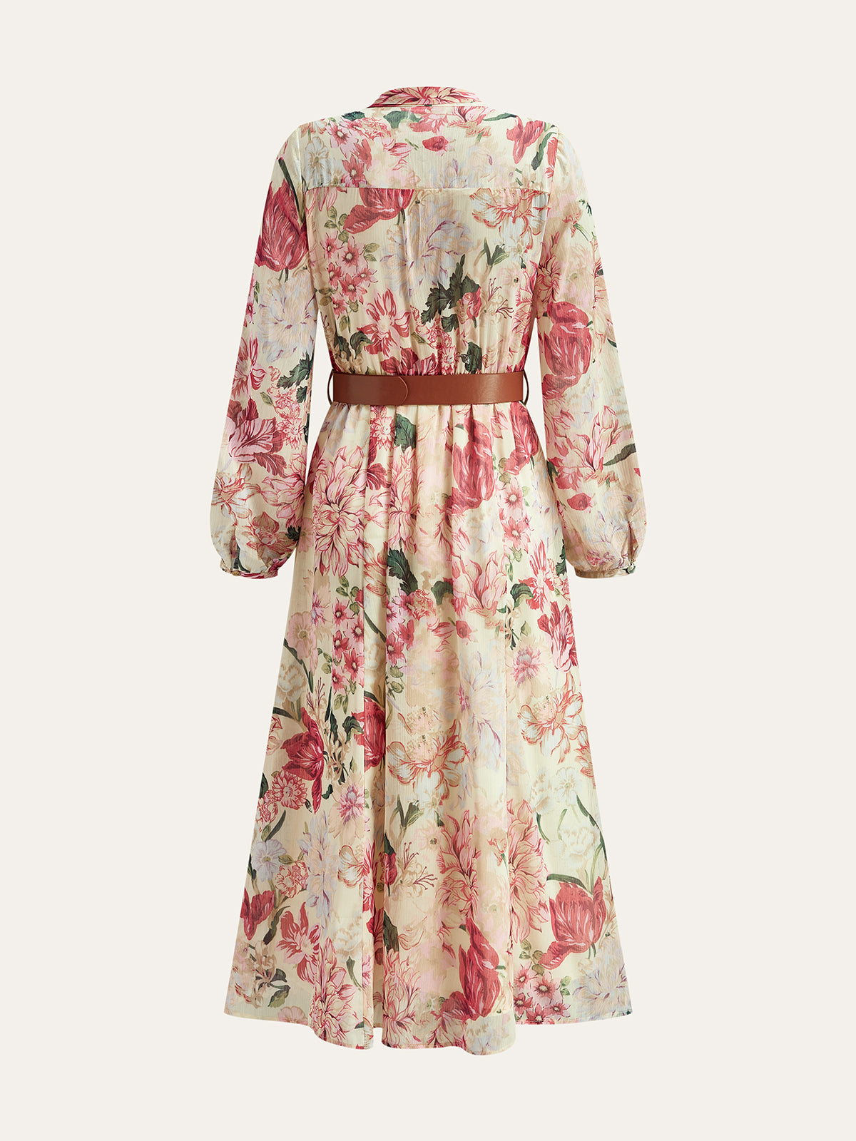 Çiçek Desenli Fiyonk Yakalı Kemerli Uzun Elbise