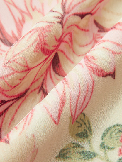 Çiçek Desenli Fiyonk Yakalı Kemerli Uzun Elbise