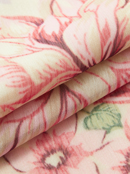 Çiçek Desenli Fiyonk Yakalı Kemerli Uzun Elbise