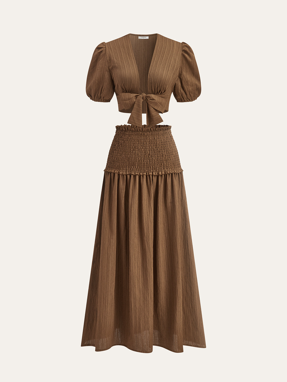 Puf Kollu Kısa Üst ve Büzgülü Bel Midi Etek Takımı