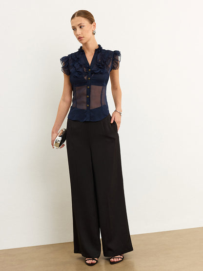 Yarı Şeffaf Volanlı Bluz