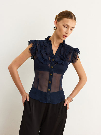 Yarı Şeffaf Volanlı Bluz