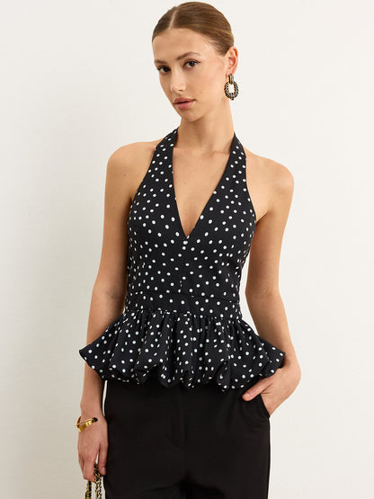 Polka Dot Halter Peplum Üst