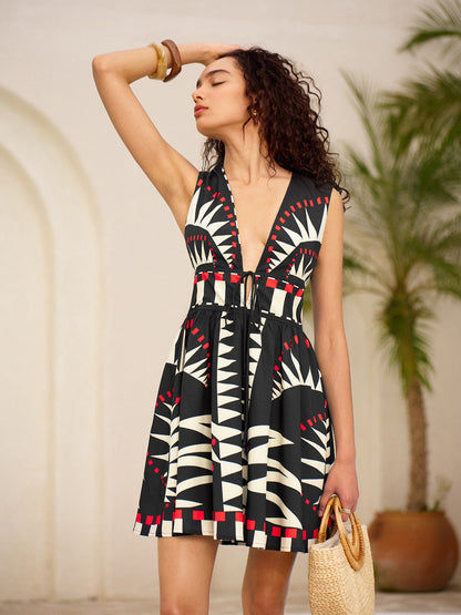 Geometrik Grafik V Yaka Bağcıklı Fermuarlı Kolsuz Elbise