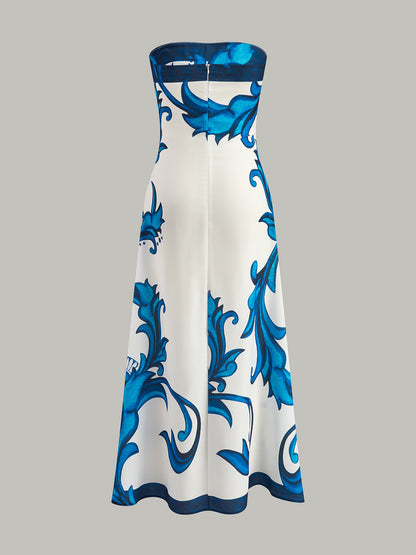 Straplez Çiçek Desenli Uzun Elbise