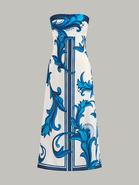 Straplez Çiçek Desenli Uzun Elbise