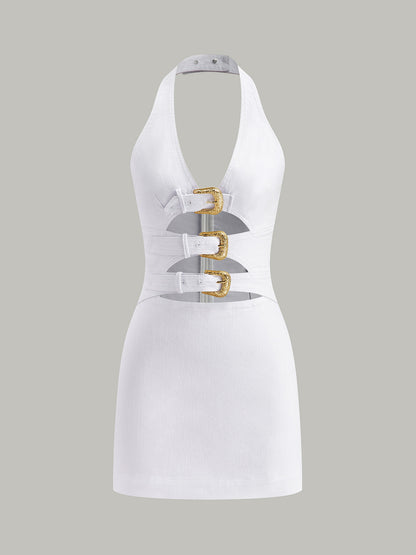 Halter Yaka Toka Detaylı Kot Elbise